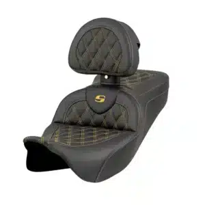 Saddlemen&reg; Roadsofa&trade; Seat - Lattice Stitch - Gold Stitch - w/ Backrest - FL '08-'23 808-07B-182B7